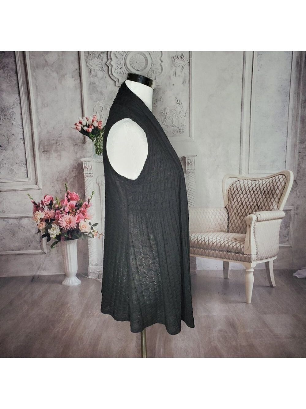 COLDWATER Creek Black Open Front Sleeveless Knit Cardigan Vest Sweater Size XS - Picture 4 of 7